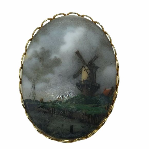 Windmill Brooch Pin Vintage Women's Dark Weather Painted Porcelain And Gold Tone - Picture 2 of 12